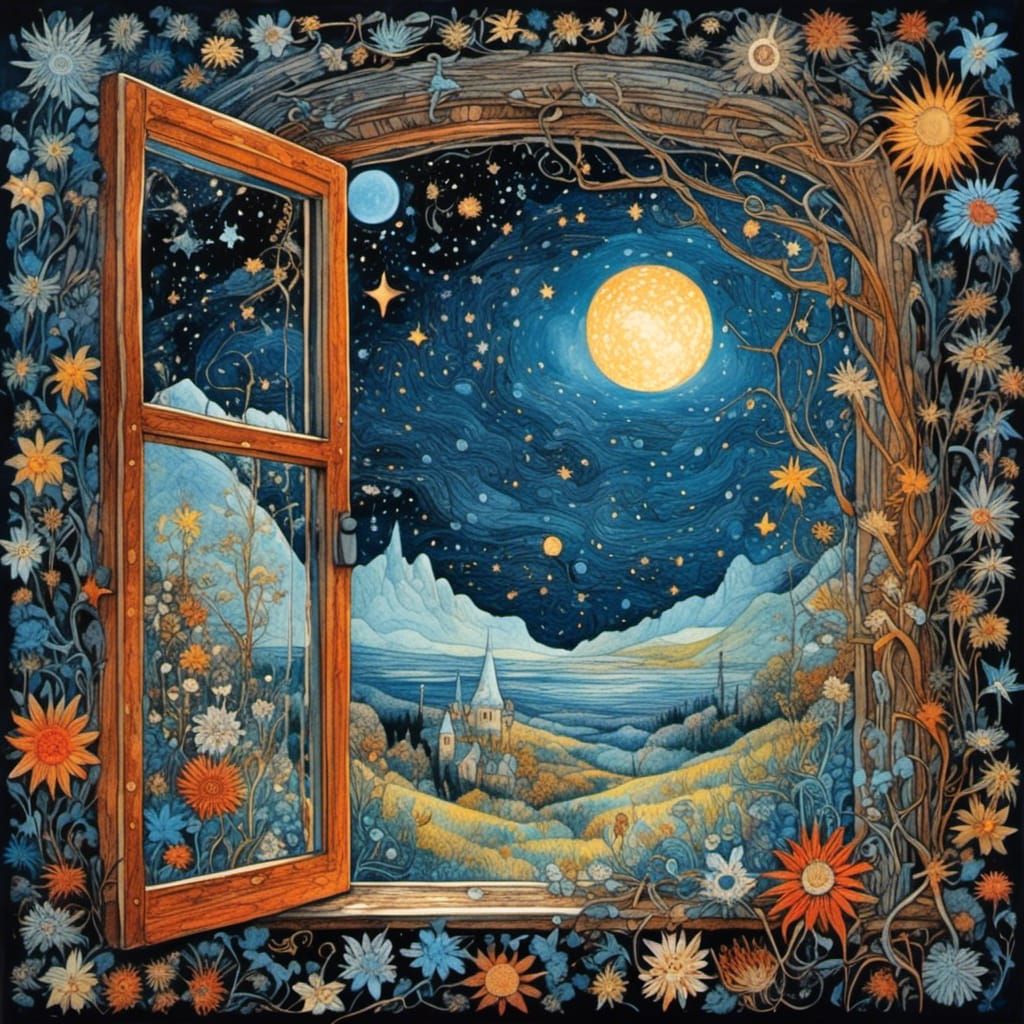 Attic Window Views: Vibrant Starry Night in Art Brut Style