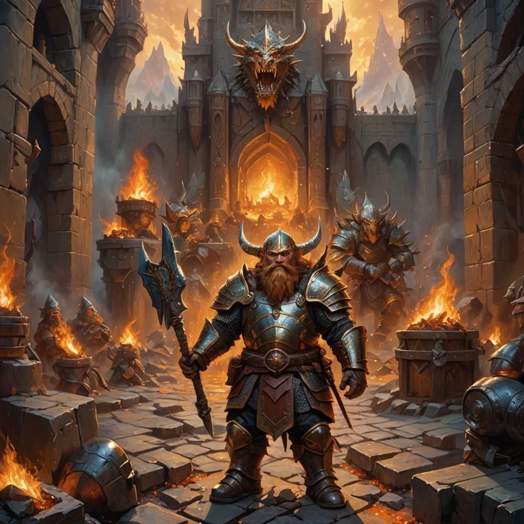 Dwarf Warrior in Fortress: High Fantasy Oil Painting
