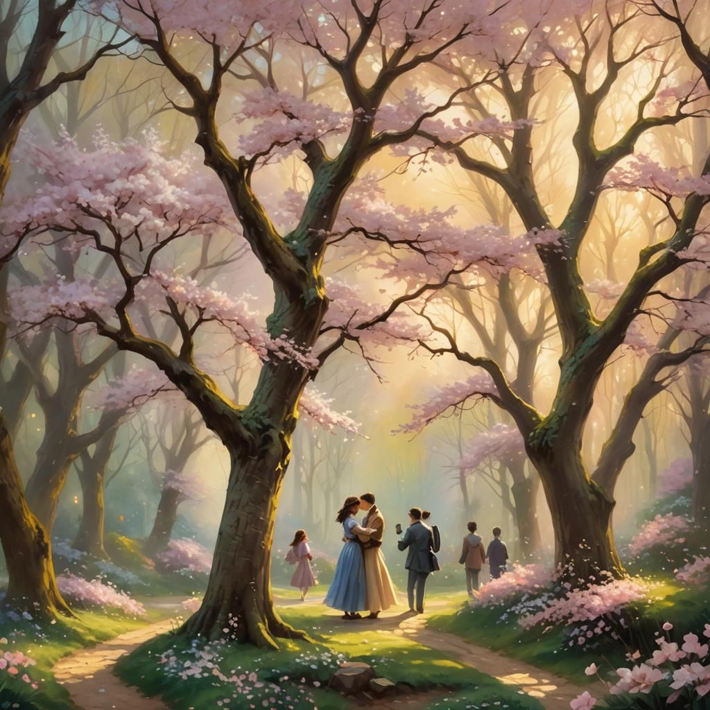 Ethereal Cherry Blossom Forest Love Scene