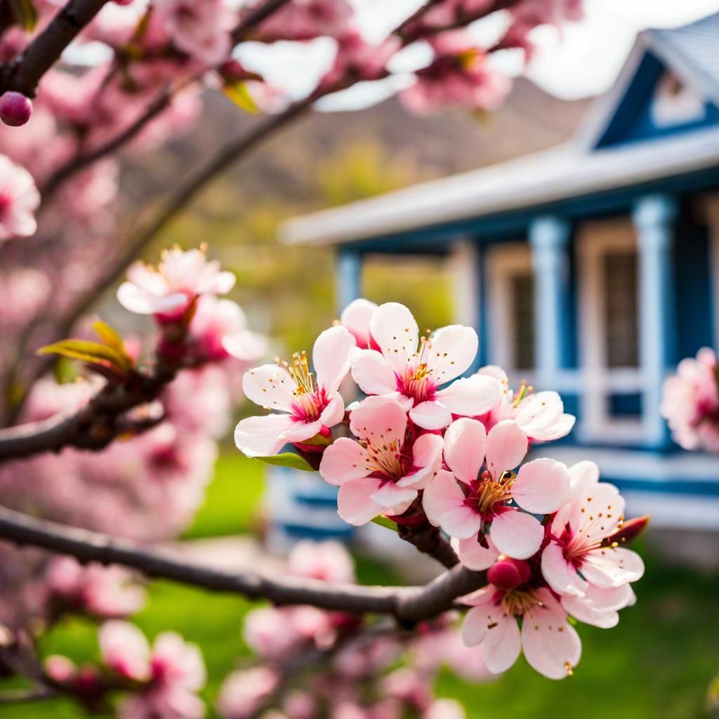 Blooming Peach Tree with Blue Ranch House