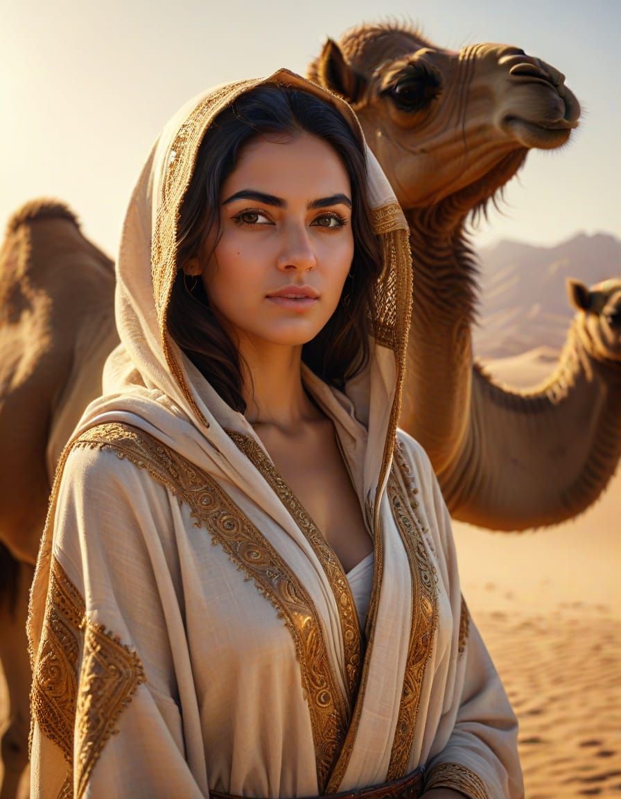 A Young Arab Woman Surrounded by Desert Majesty
