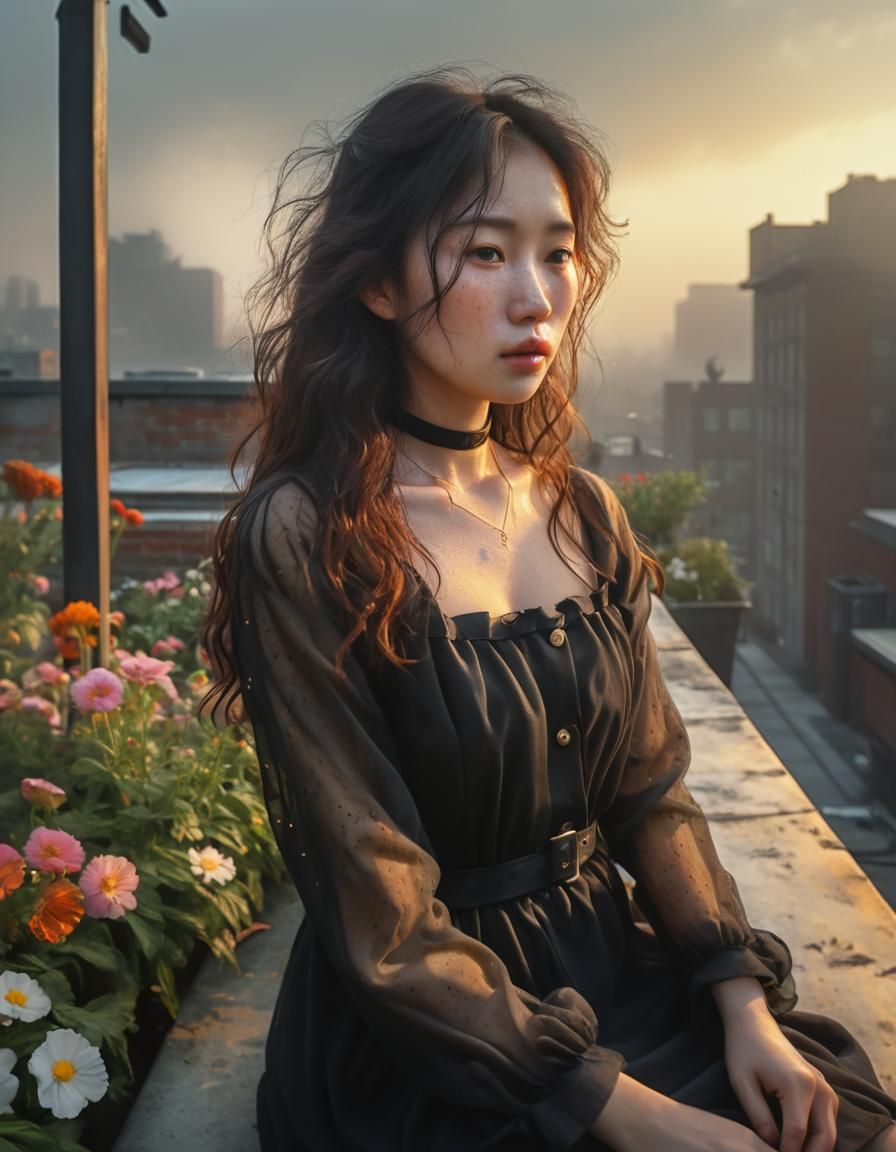 Surreal Oil Painting of Rooftop Garden with Woman