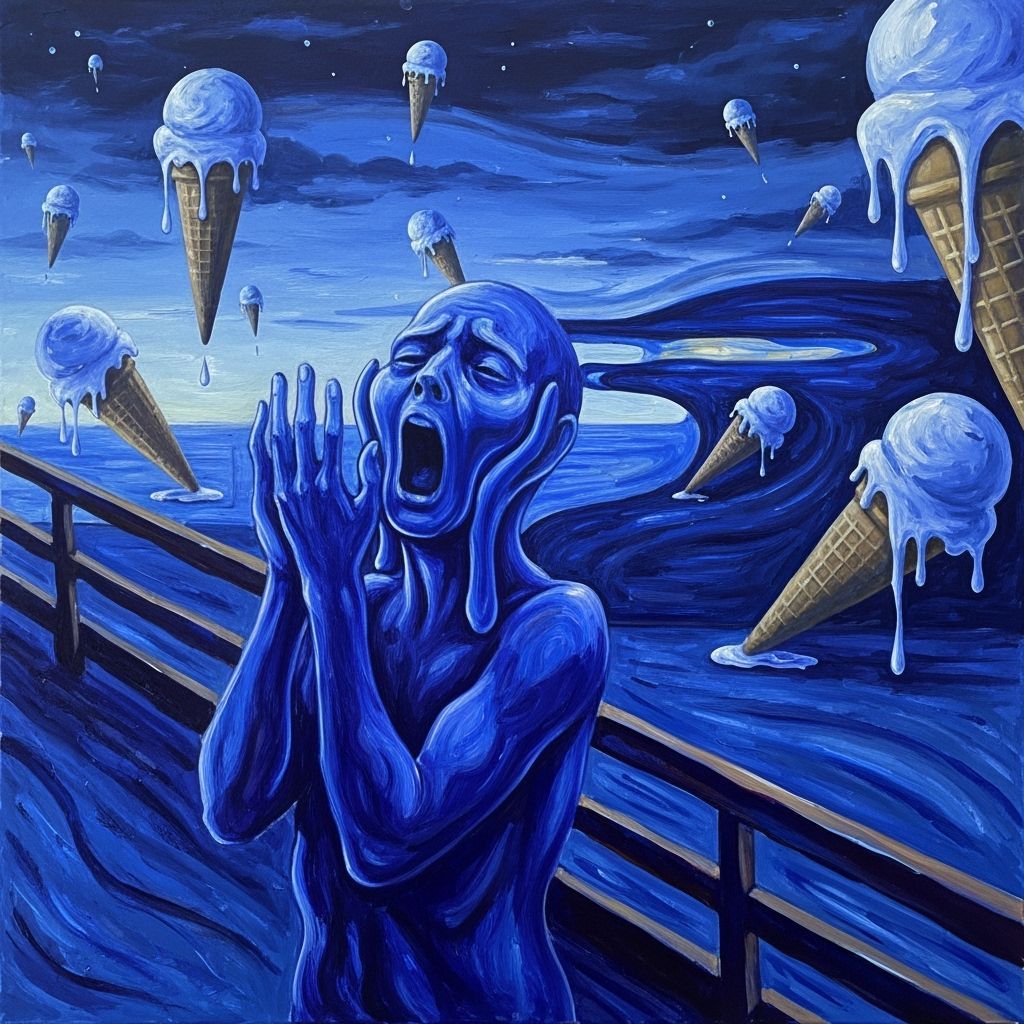 Surreal Melting Ice Cream and Distorted Figure in Blue Oil P...