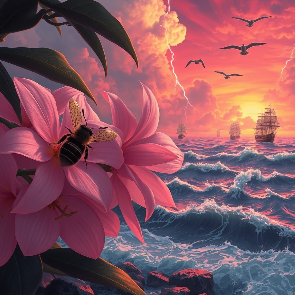 Bee in Fantasy Seascape with Exotic Flowers