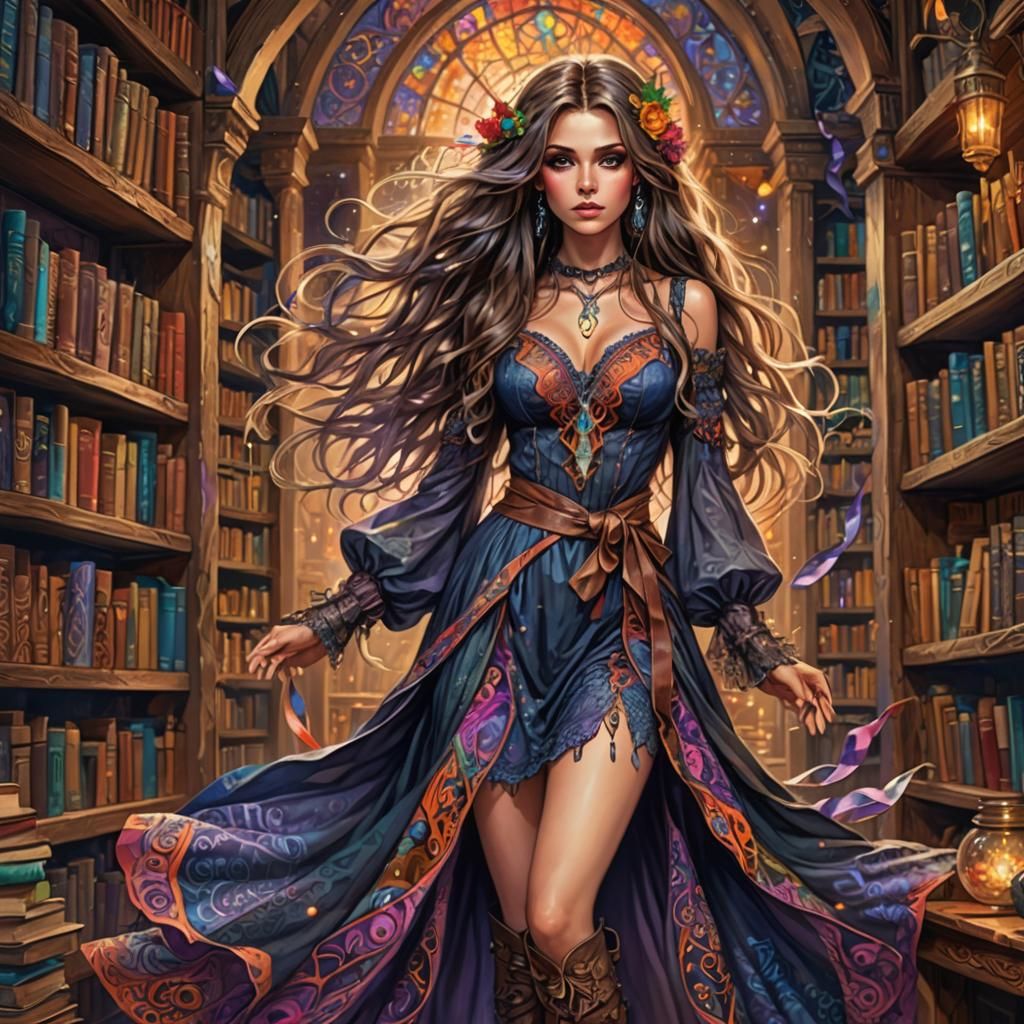 Beautiful Witch in Magical Library Painting