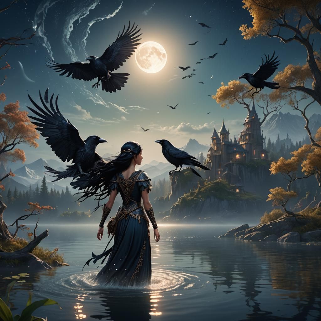 Fairy with Raven by Moonlit Lake, Detailed Matte Painting
