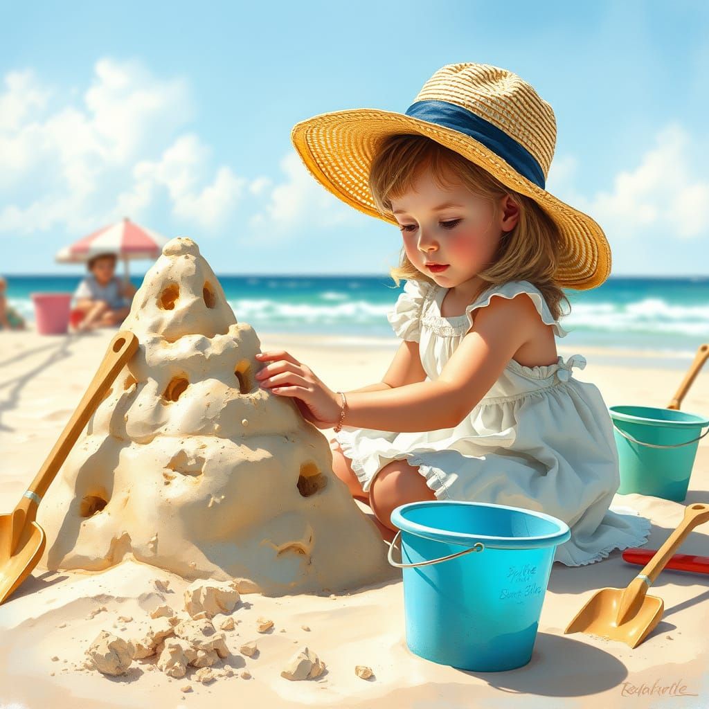 Girl Building Sandcastle on Beach in Mid-Century Style