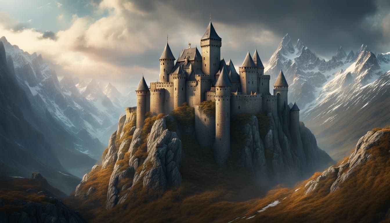 Epic Medieval Mountain Fortress Digital Painting