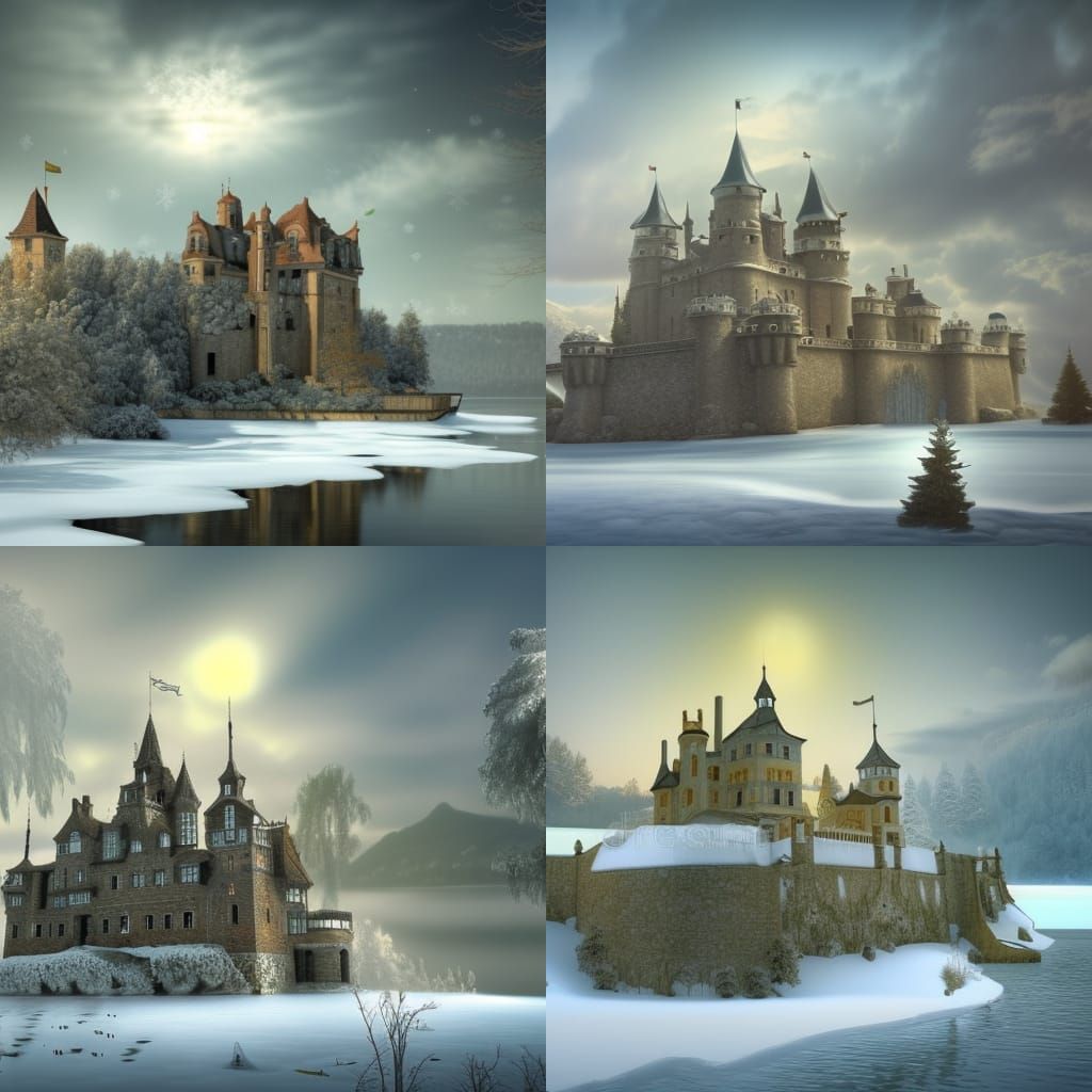 Fantasy Castle on Island in Winter, Photorealistic