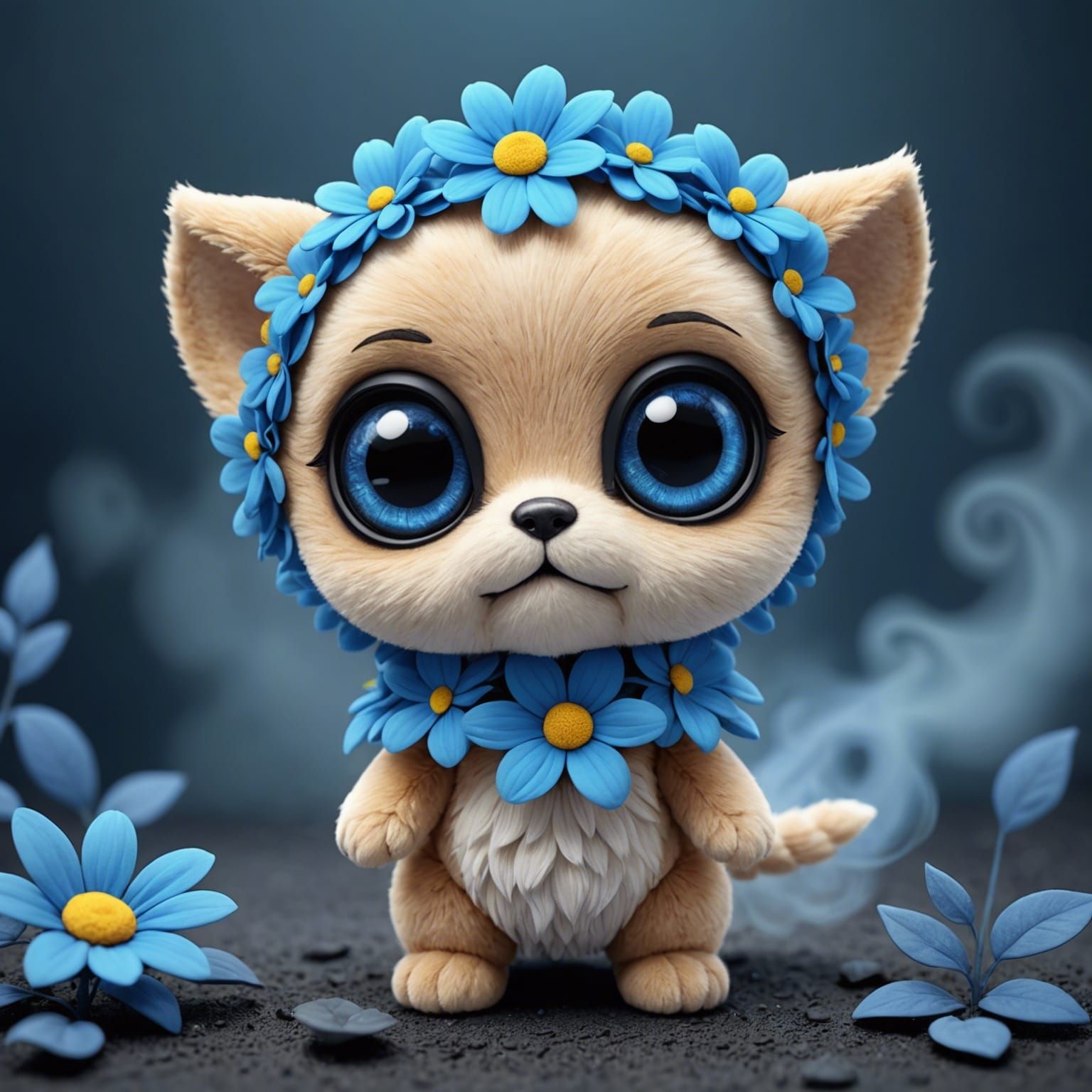 Cute Chibi Animal with Blue Flower, Manga Art