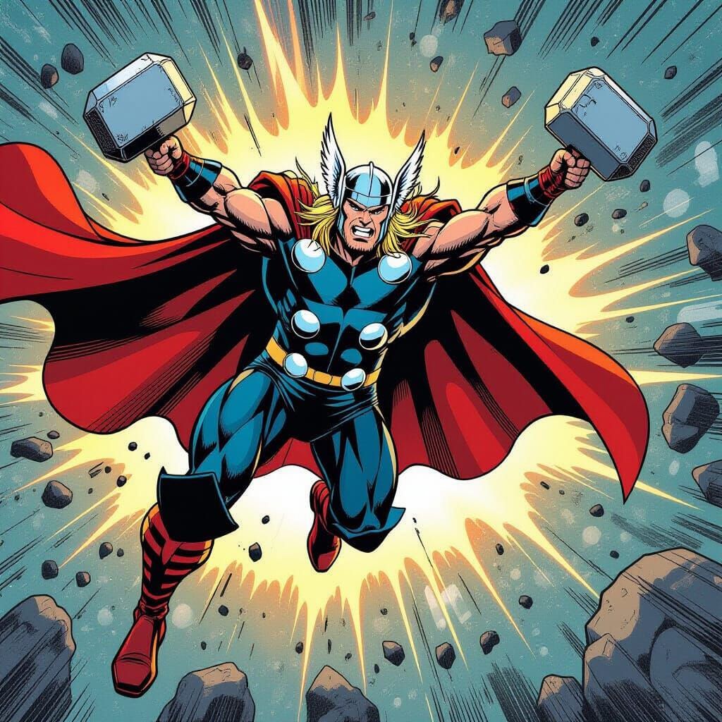 Thor in Dynamic Flying Attack Pose with Hammer