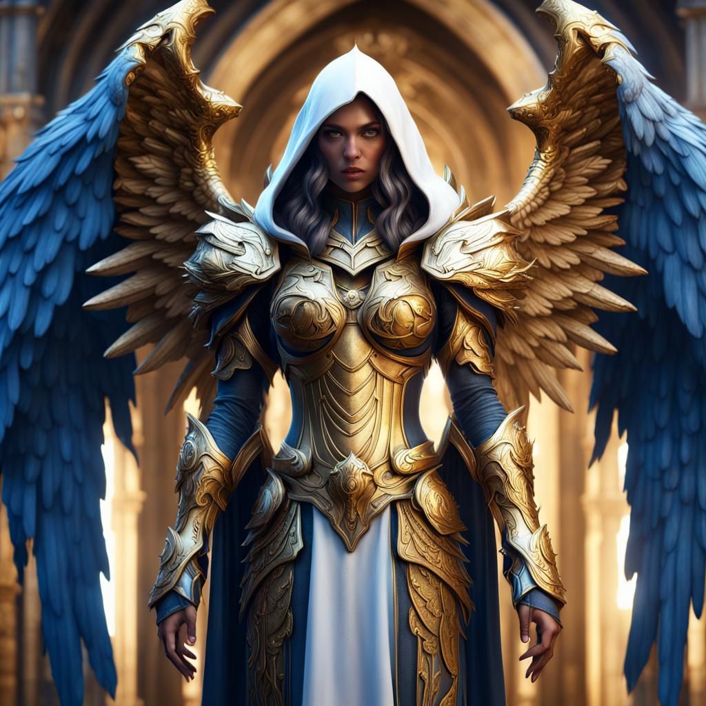 Golden Armored Angel with Blue Wings