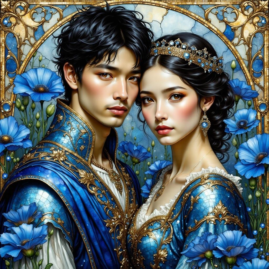 Medieval Lovers in Art Nouveau Style with Blue Poppies