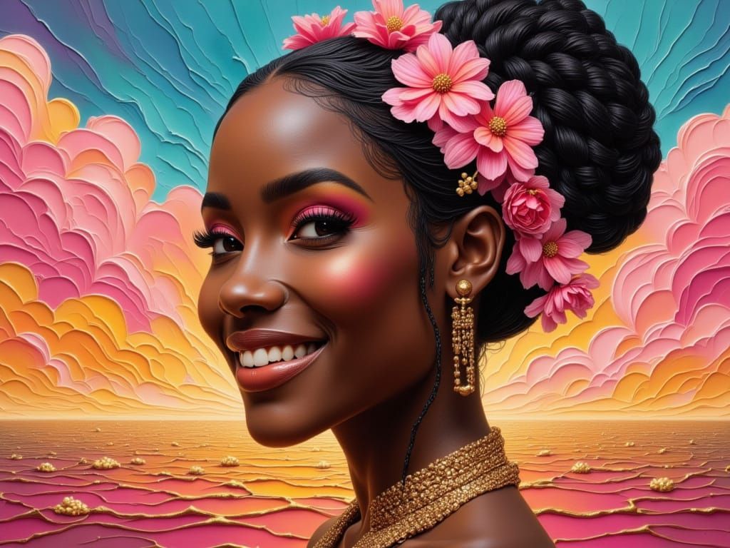 Regal Black Woman Portrait with Pink Flowers