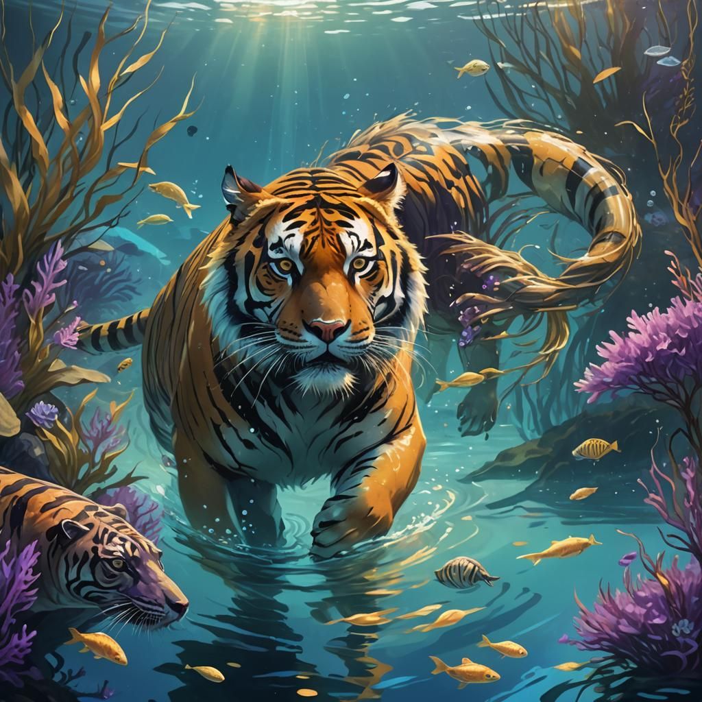 Bioluminescent Tiger Seal Dog Hybrid in Fantasy Sea