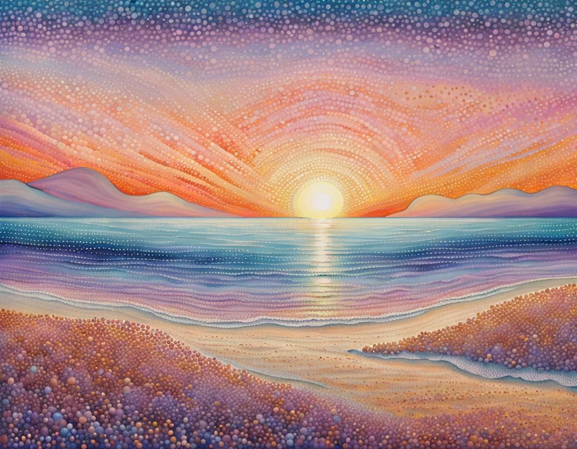 Pointillist Seascape at Sunset in Impressionist Style