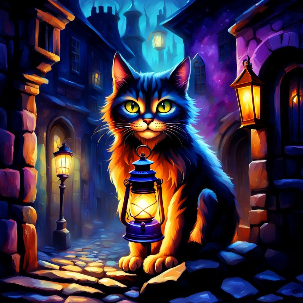Big-Eyed Cat with Lantern in Oil Painting Style