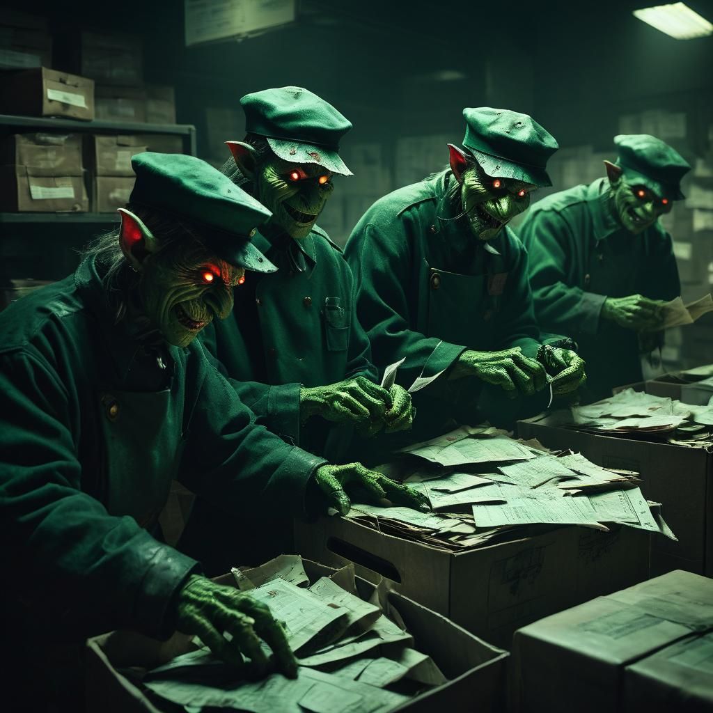 Mail Room Goblins Sorting Mail as Dark Fantasy Illustration