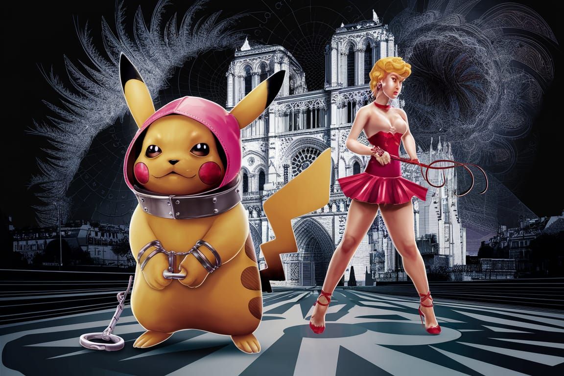 Pikachu and Princess Peach in Dark Futuristic Setting