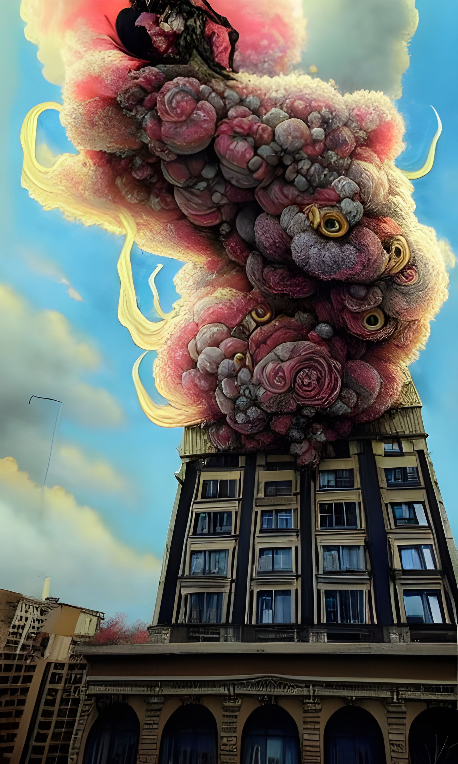 Surreal Floral Cloud Engulfs Building in Volumetric Light