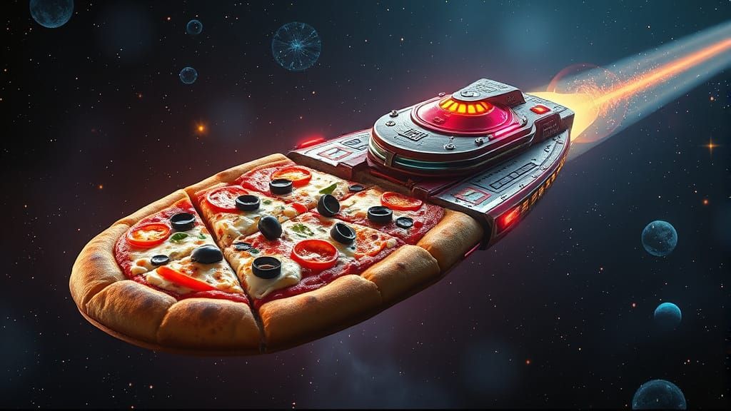 Alien Killer Pizza Space Cruiser of the Evil Empire - with four types of cheese, olives and pepperoni!!!