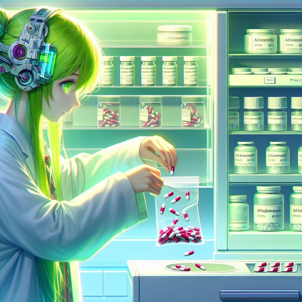Anime Girl Taking Pills as Detailed Matte Painting