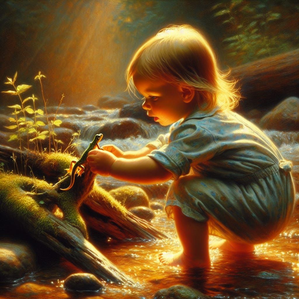 Child with Salamander in Creek, Oil Painting