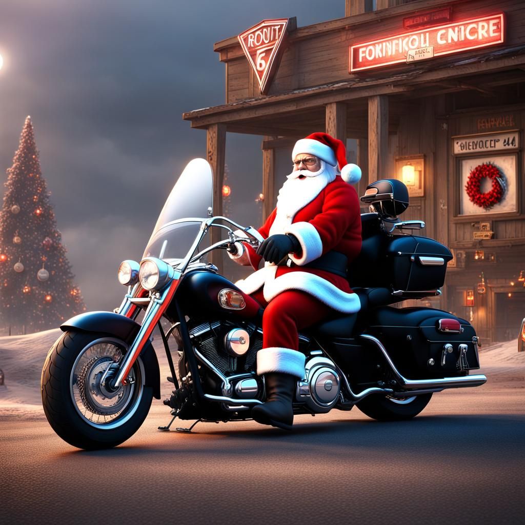 Santa Claus Rides a Harley on Route 66