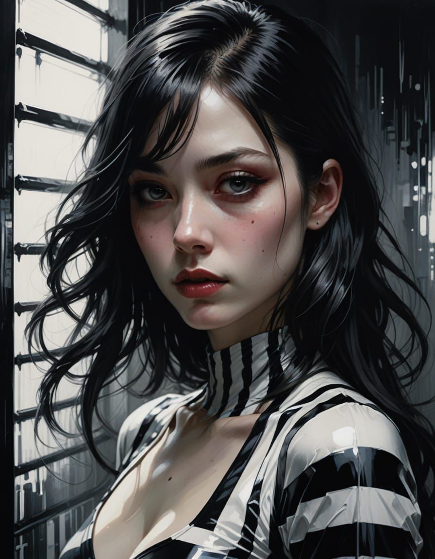 Surreal Striped Goddess with Iridescent Skin and Optical Ill...