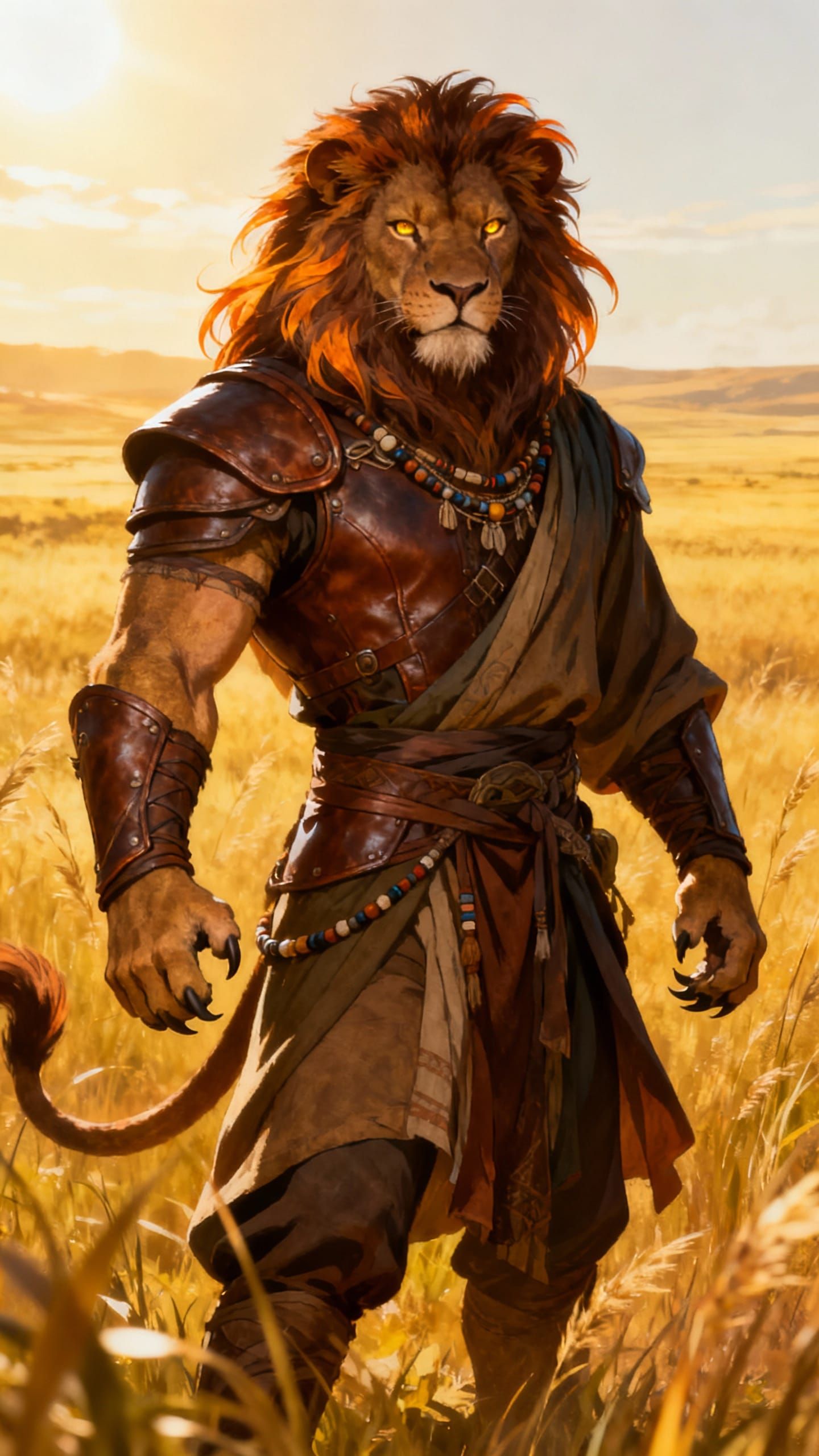 Heroic Lion-Humanoid Warrior on Golden Plains