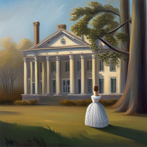 An abandoned white southern antebellum mansion with pillars surrounded by cypress trees and fog in Louisiana. A ghostly ...