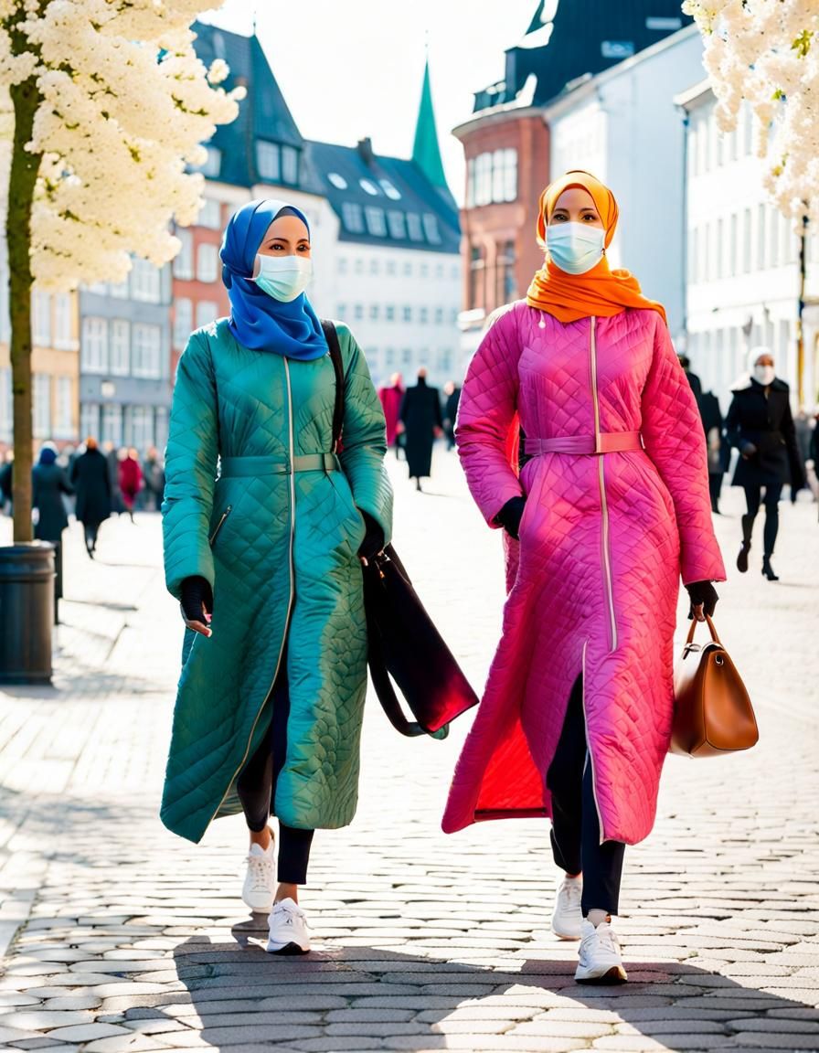 Two Hijabi Women in Copenhagen, Watercolor Style
