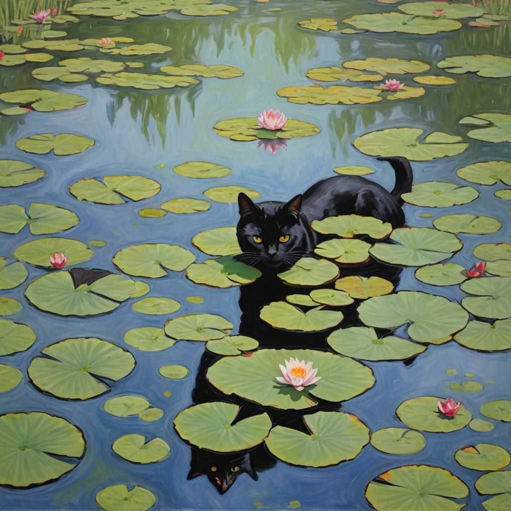 Black Cat Swimming in Monet Lily Pond