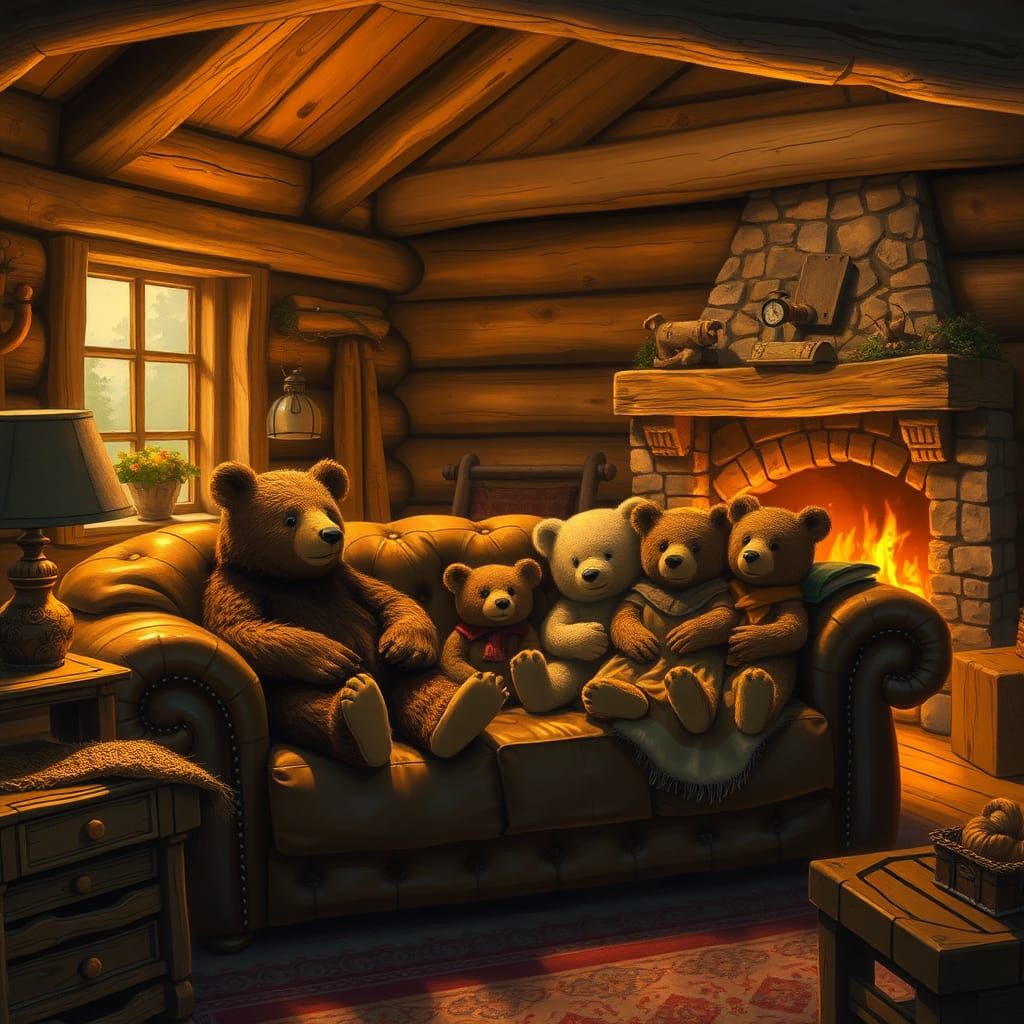 Cozy Bear Family in Rustic Cabin Interior