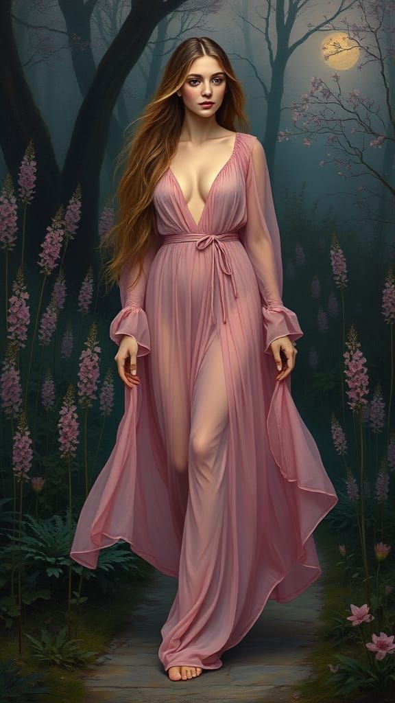 Sensual Pre-Raphaelite Goddess Strolls in Noctilucent Garden