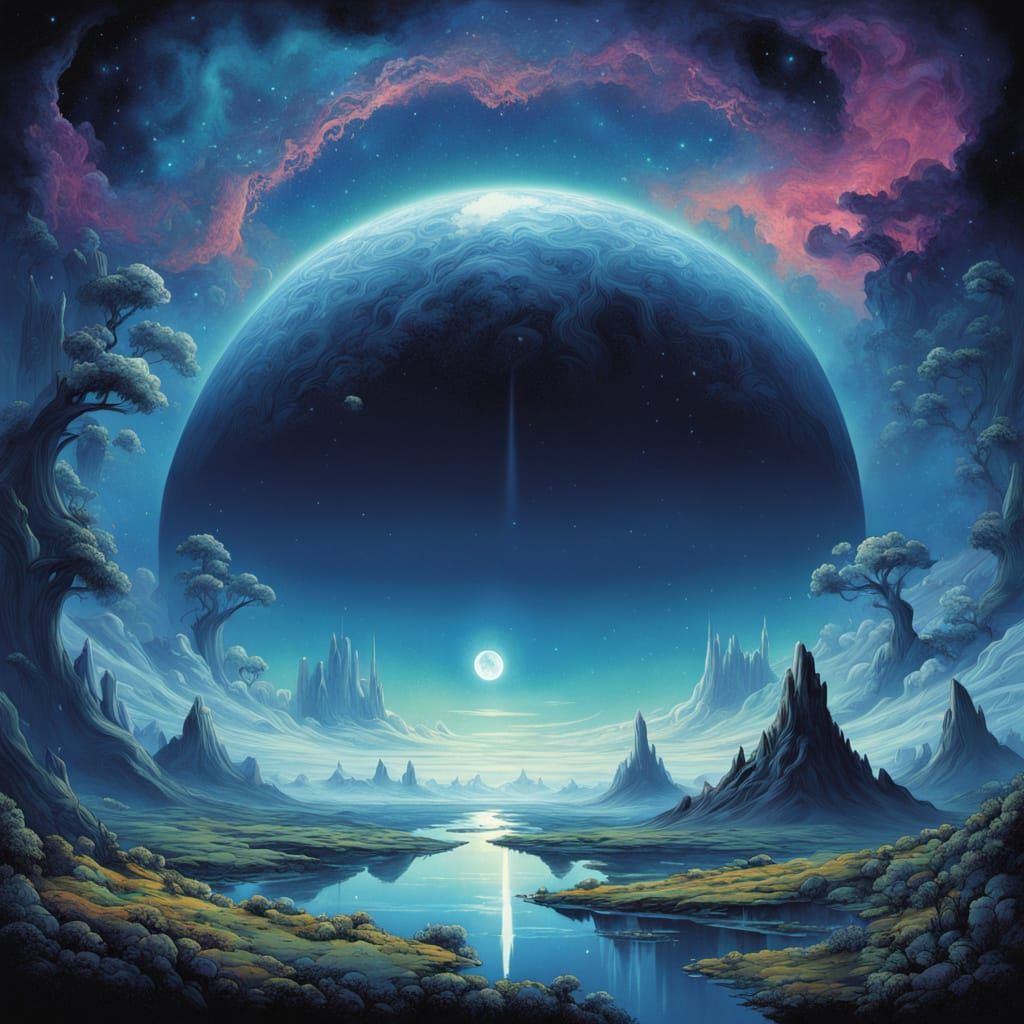 Ethereal Blue Planet in Swirling Fractal Clouds