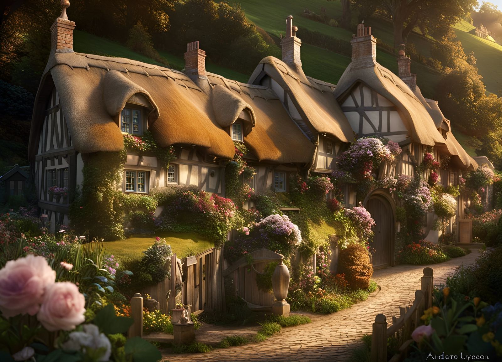Idyllic English Village Scene, Detailed Digital Art