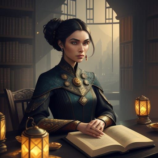 Regal Woman Amidst Ancient Tomes in Hyperrealistic Art
