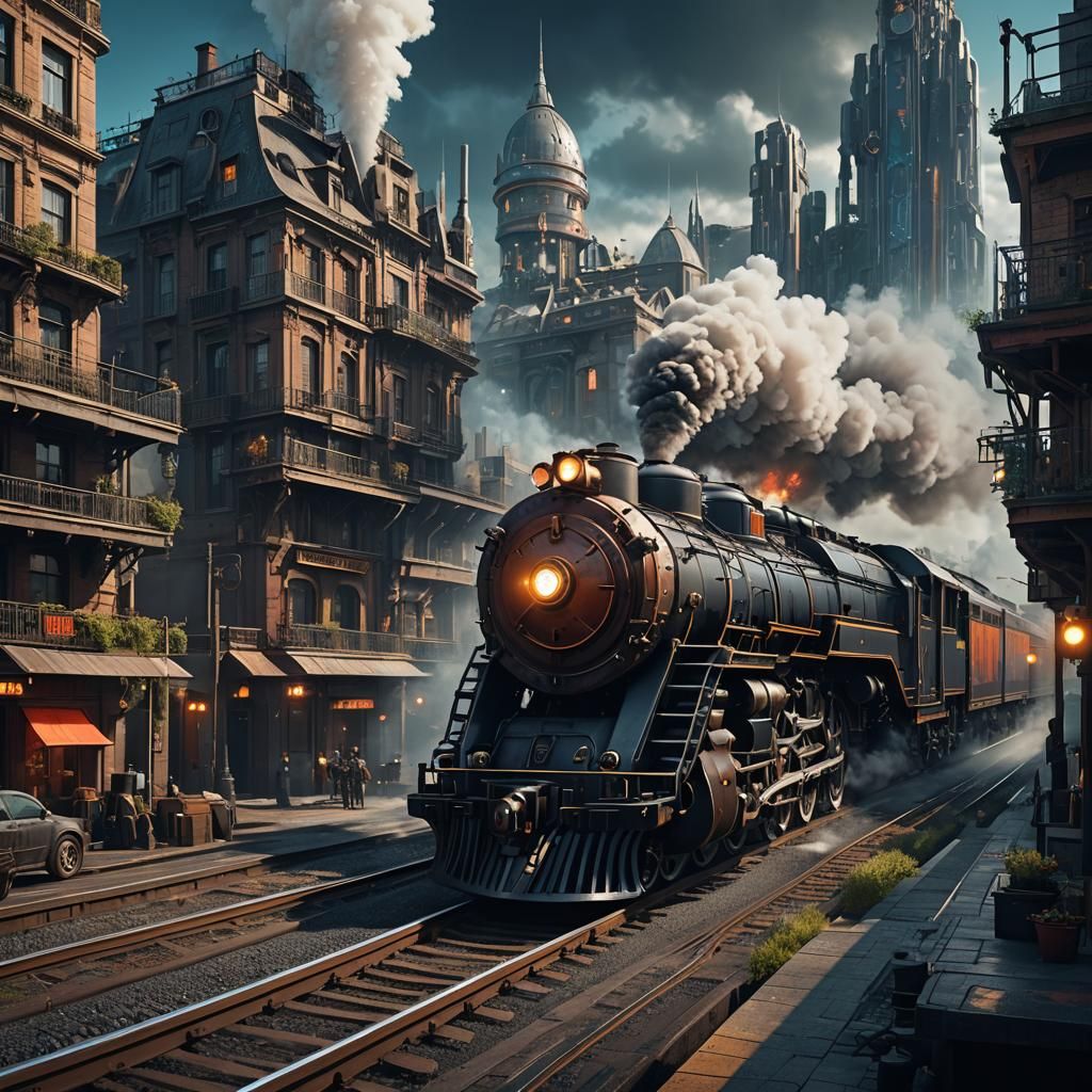 Steampunk Locomotive in a Futuristic Cityscape
