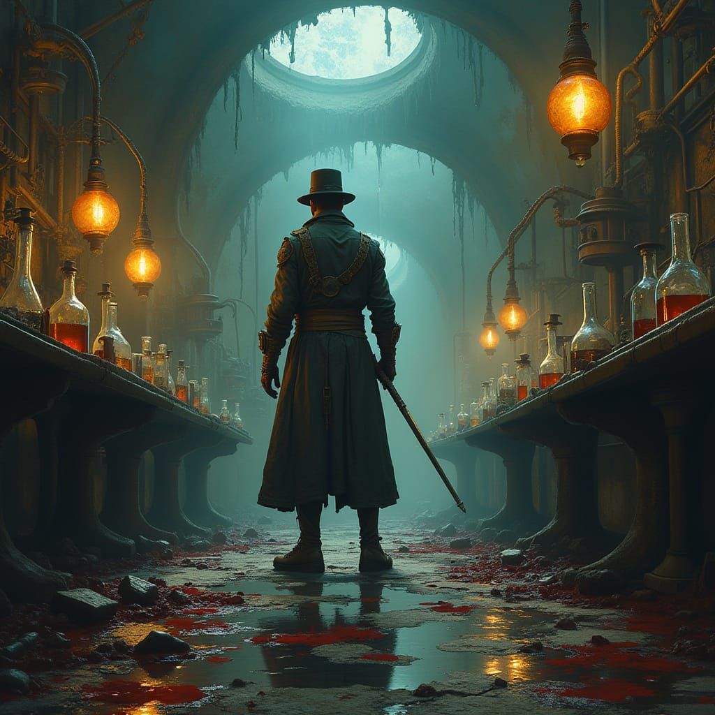 Ruined Steampunk Lab with Lone Inventor-Warrior