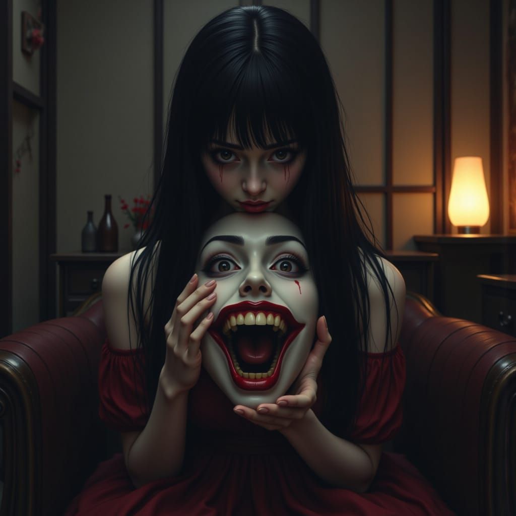 Depressed Woman Holding Happy Mask in Low Light