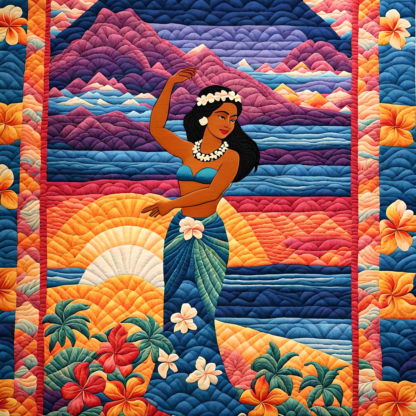 Hawaiian Hula Dancer Sunset Quilt: Vintage Fabric Art