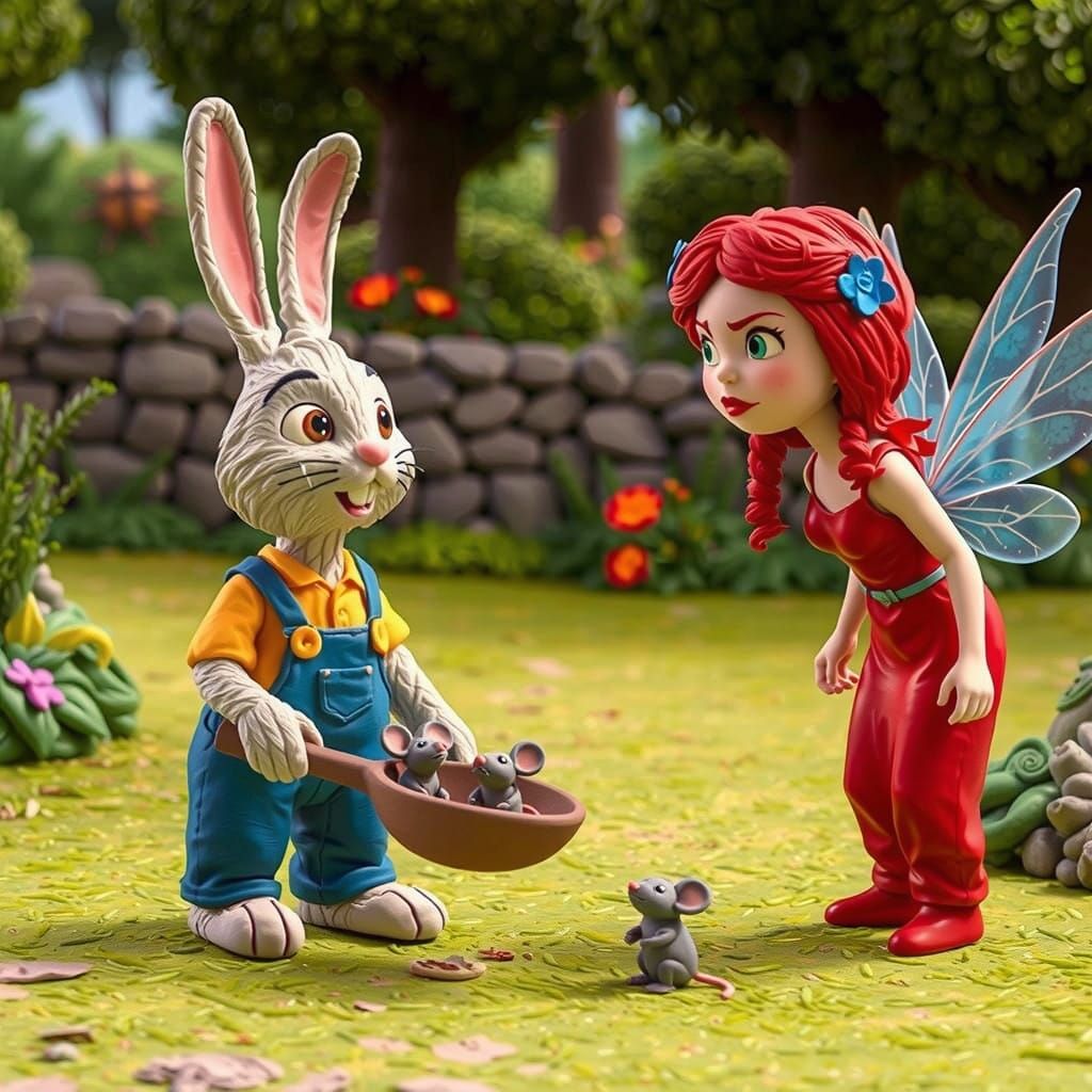 Whimsical Claymation Rabbit in Regret, Surrounded by Adorabl...
