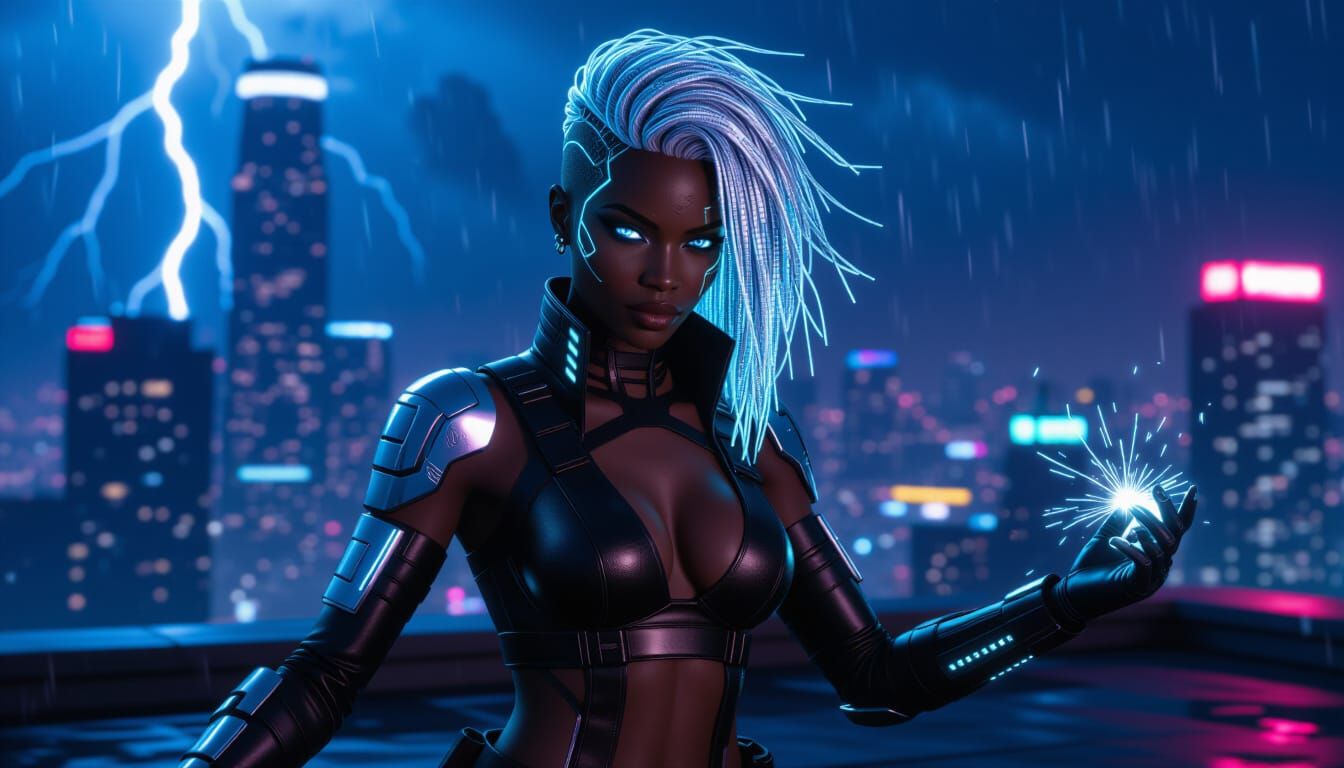 Cyberpunk Storm Goddess on Neon Rooftop