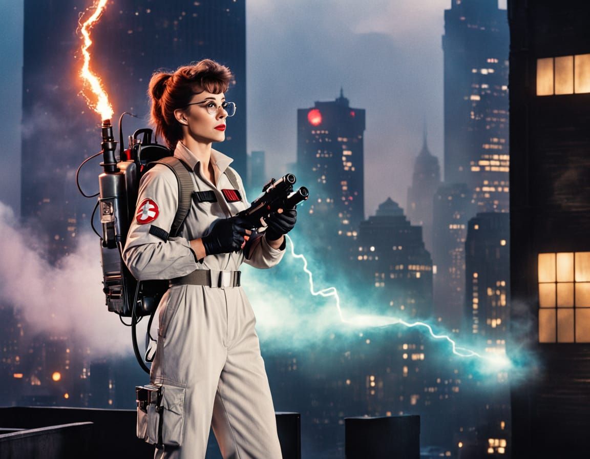 Ghostbuster Girl in Retro Cityscape