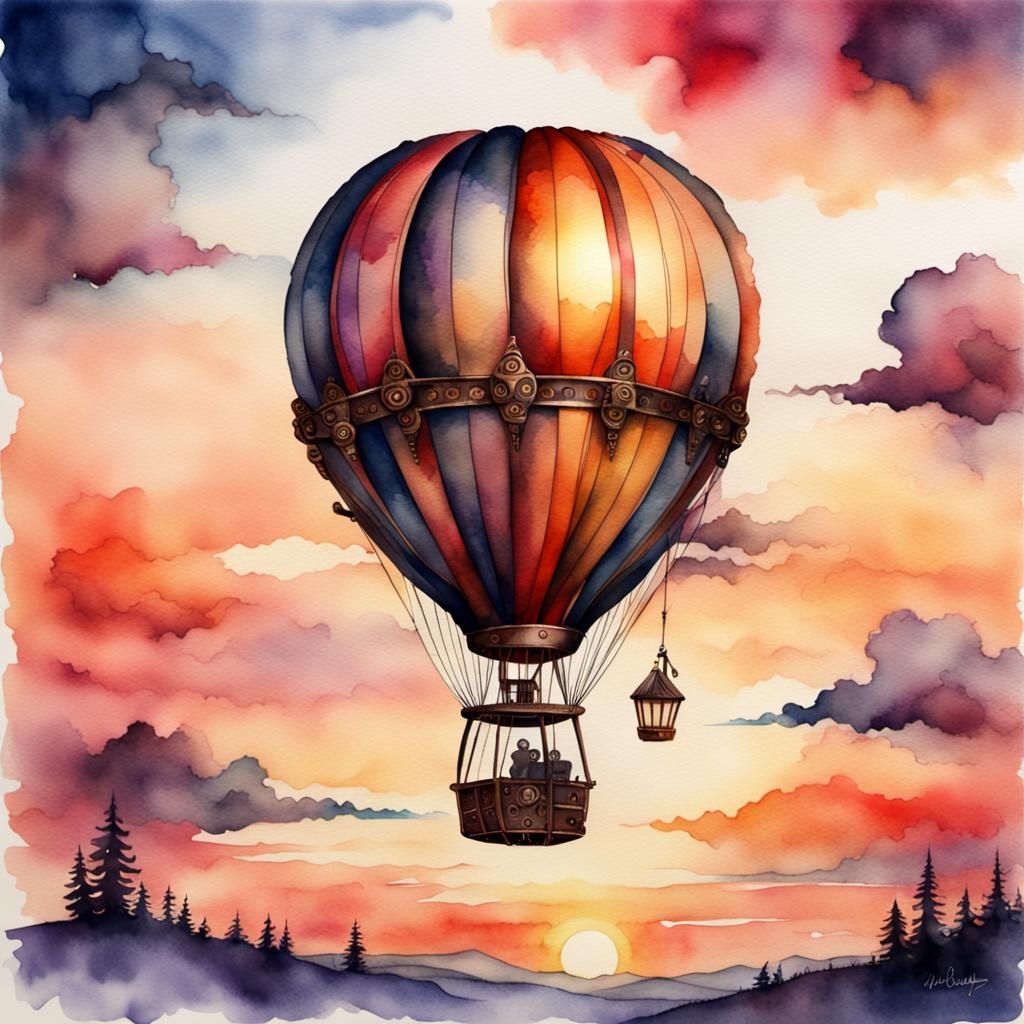 Steampunk Hot Air Balloon Watercolor Sunset