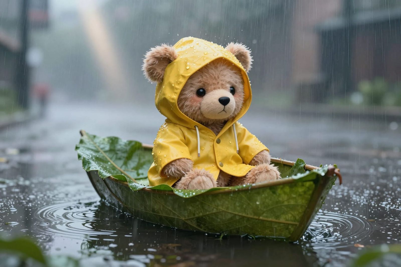 Melancholy Teddy Bear Sails Leaf Boat in Rainy Mist