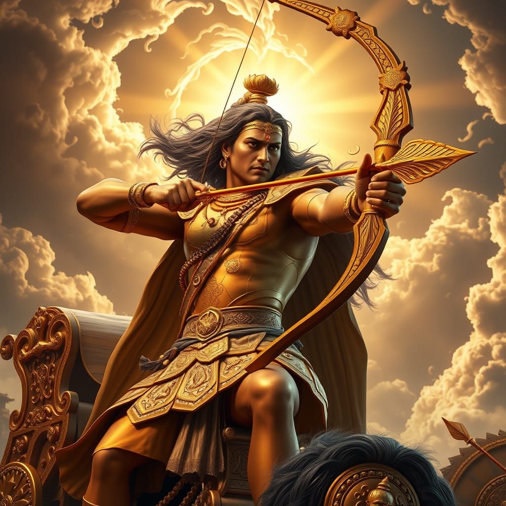 Epic Fantasy Warrior Arjuna in Golden Armor, Ready to Releas...