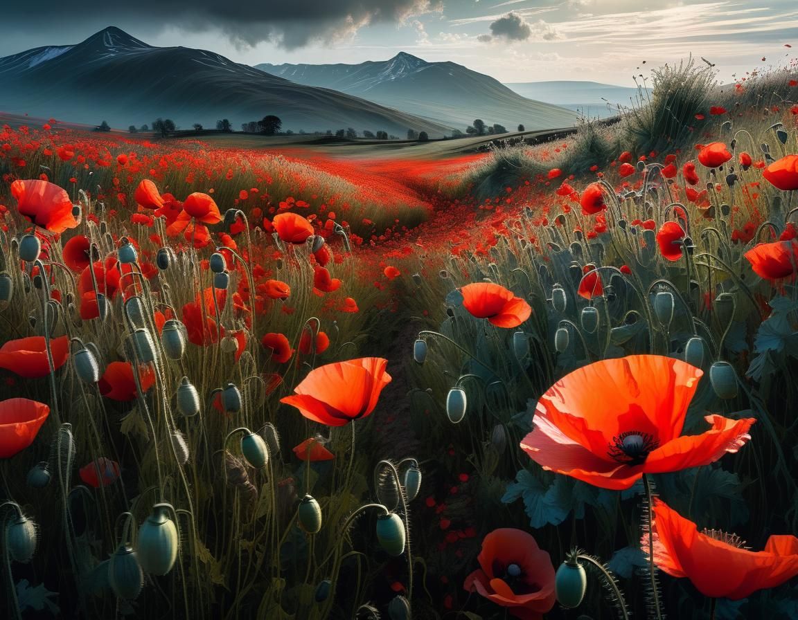 Stormy Poppy Field in Style of Classic Illustration