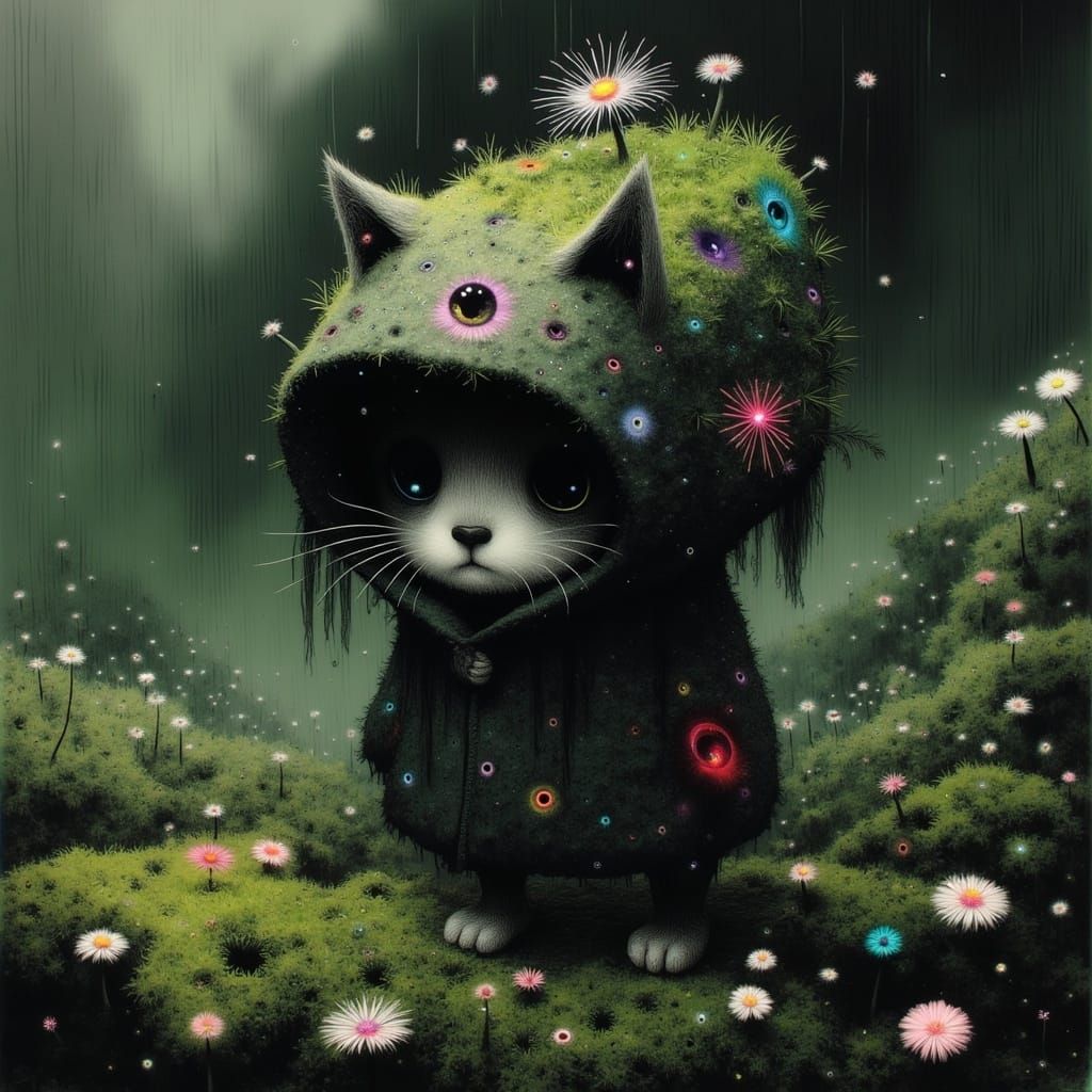 Ethereal Feline Figure Walks Amongst Vibrant Moss and Wildfl...